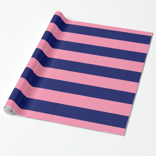 Flamingo Pink Navy Blue XL Stripes Pattern V Wrapping Paper