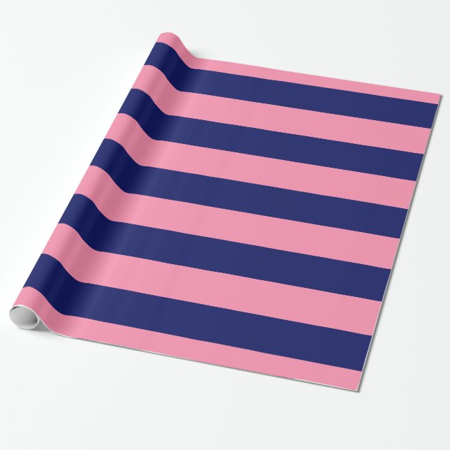 Flamingo Pink, Navy Blue XL Stripes Pattern V Wrapping Paper (Unrolled)