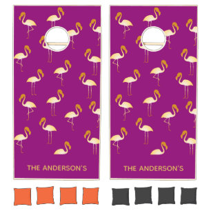 Flamingo pink purple gold pattern monogram cornhole set
