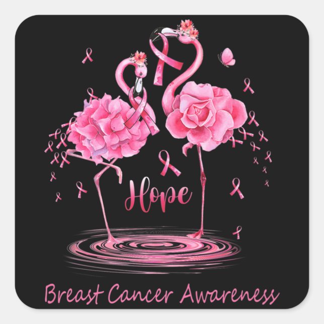 Flamingo Pink Ribbon Butterflies Breast Cancer Awa Square Sticker (Front)