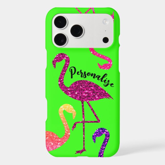 Flamingo pink sparkles Personalize neon green iPhone Case (Back)
