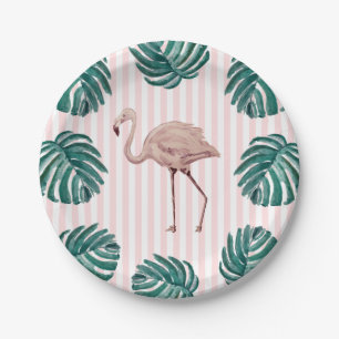 Flamingo Pink Stripe Birthday Tropical Paper Plates