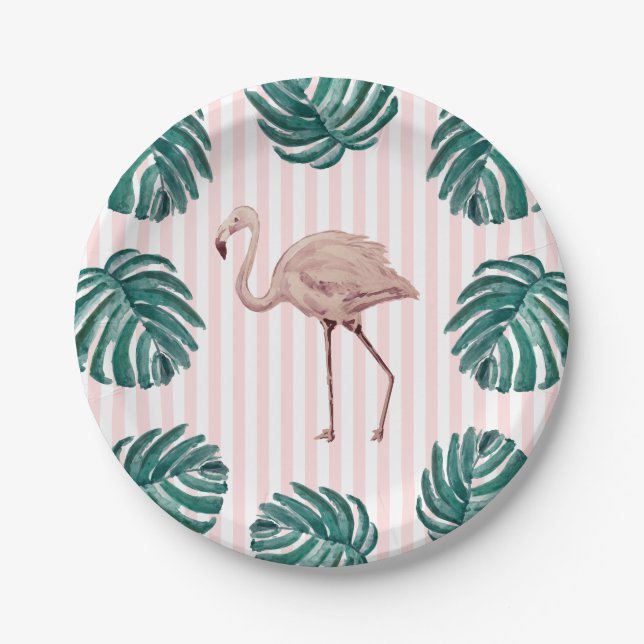 Flamingo Pink Stripe Birthday Tropical Paper Plates (Front)