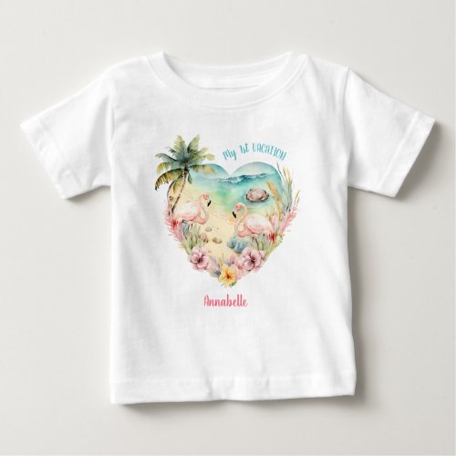 Flamingo Pink Summer Vacation Tropical Girl Beach Baby T_Shirt