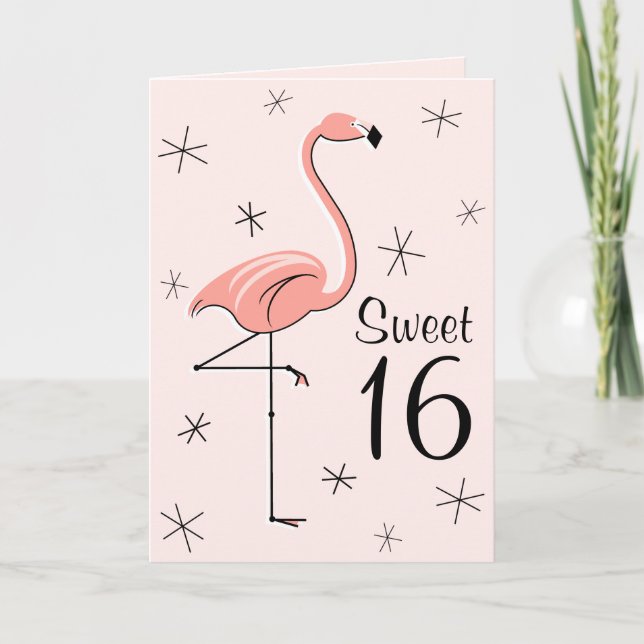 Flamingo Pink Sweet 16 greetings card vertical (Front)