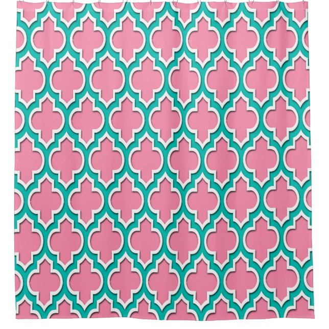 Flamingo Pink Teal White XL Moroccan #4DS Shower Curtain (Front)
