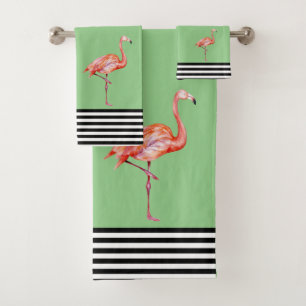 Flamingo Pink Tropical Teal Black White Fun Bath Towel Set
