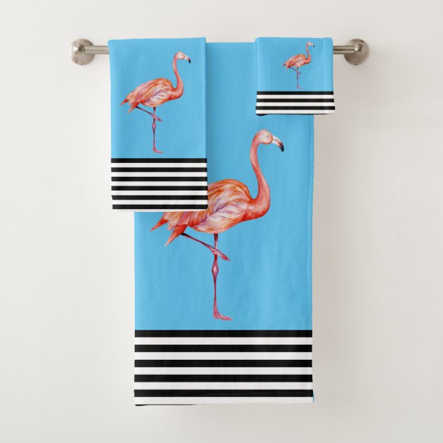 Flamingo Pink Tropical Teal Black White Fun Bath Towel Set (Insitu)