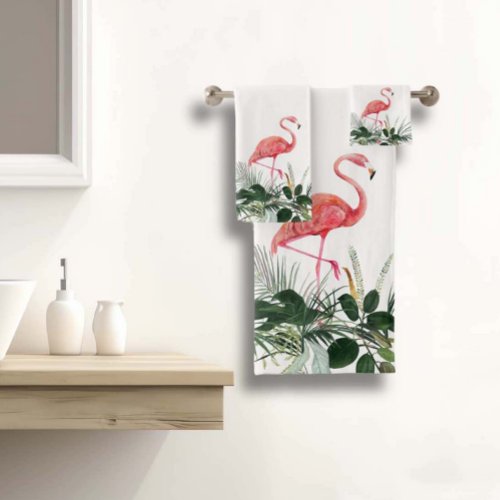 Flamingo Pink Tropical Watercolor Leaves Palm Bath Towel Set