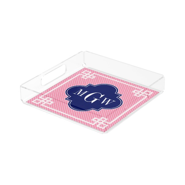 Flamingo Pink White Fancy Greek Key Dot Navy Q 3I Acrylic Tray (Angled)
