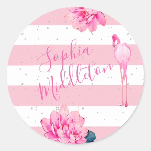 Flamingo Pink White Stripe Floral Chic Silver Classic Round Sticker