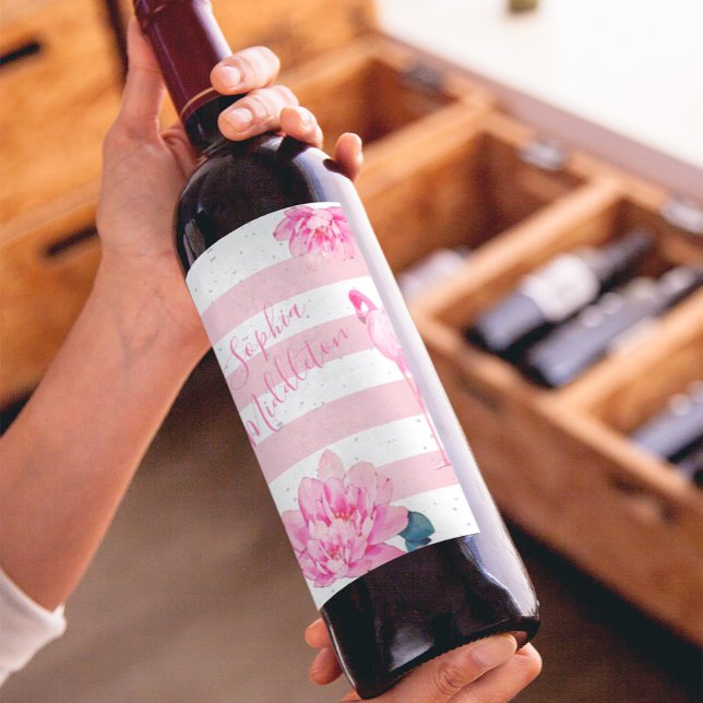 Flamingo Pink White Stripe Floral Chic Silver Wine Label (Creator Uploaded)