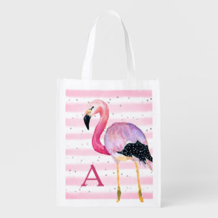 Flamingo Pink White Stripe Monogram Watercolor Grocery Bag
