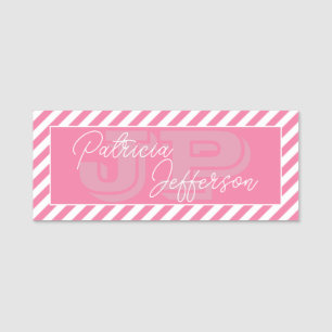 Flamingo Pink White Striped Girly Monogram Name Tag