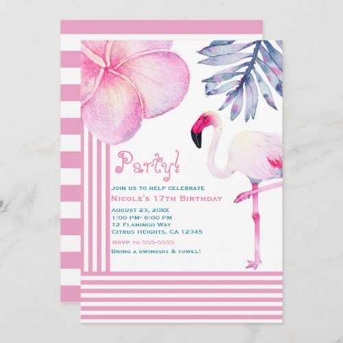 Flamingo Pink  White Stripes Birthday Party Invitation