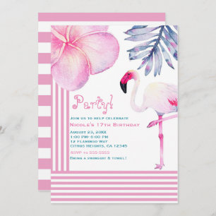 Flamingo Pink & White Stripes Birthday Party Invitation