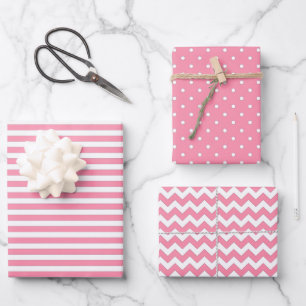 Flamingo Pink & White Stripes Polka Dot Chevron Wrapping Paper Sheets