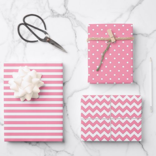 Flamingo Pink  White Stripes Polka Dot Chevron  Wrapping Paper Sheets