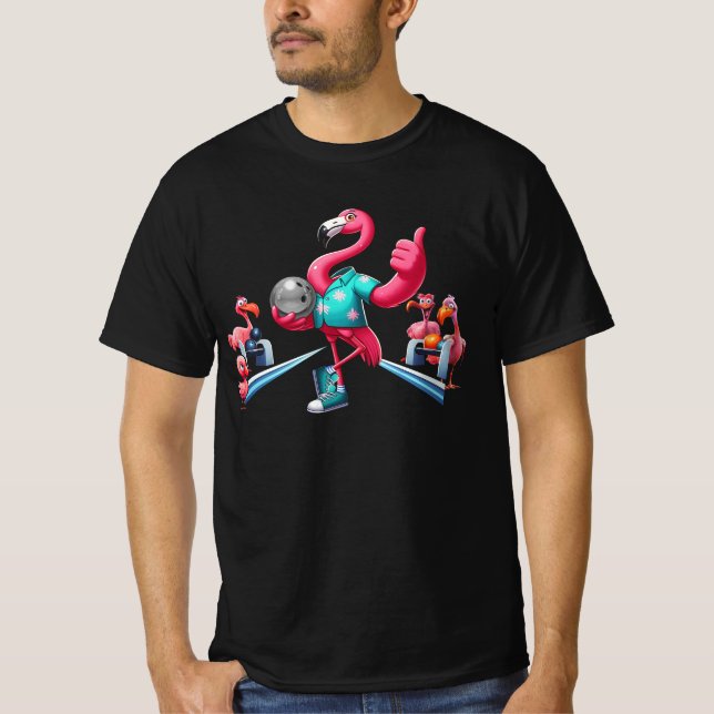 Flamingo Playing Bowling Graphic Art Bowler Bowlin T-Shirt (Front)