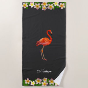 Flamingo & Plumeria Flowers on Almost Black Beach Towel