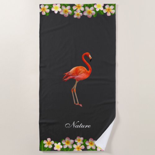 Flamingo  Plumeria Flowers on Almost Black Beach Towel