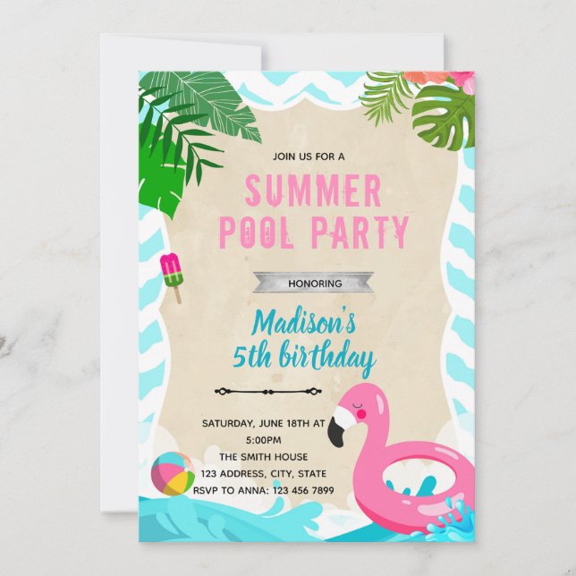 Flamingo pool birthday party invitation (Front)