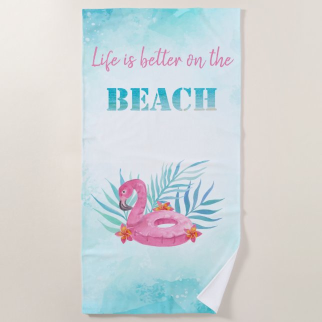 Flamingo Pool Float,Blue Beach Towel (Front)