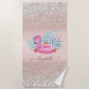 Flamingo Pool Float Glitter Bokeh Beach Towel