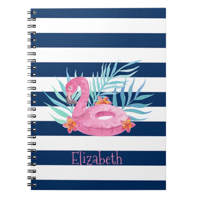 Flamingo Pool Float Navy Blue Stripes Notebook (Front)