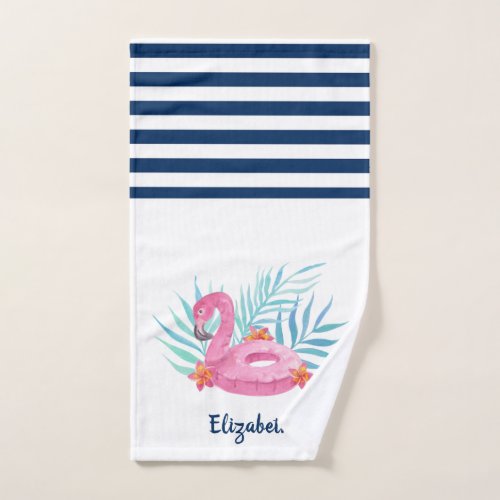 Flamingo Pool Float Navy Blue White Striped  Bath Towel Set