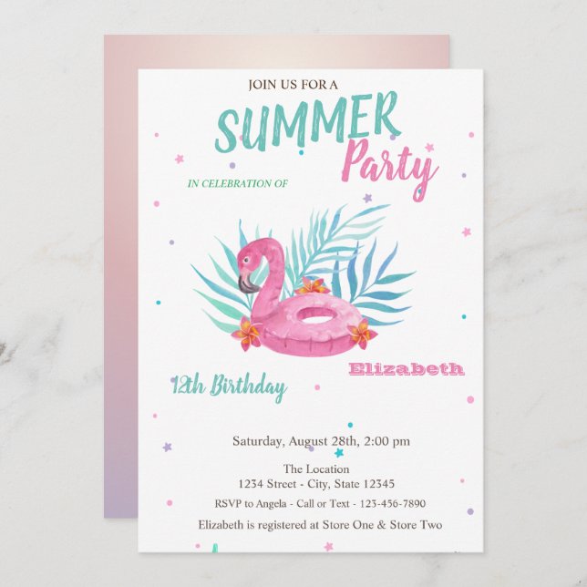 Flamingo Pool Float Summer Birthday Party  Invitation (Front/Back)
