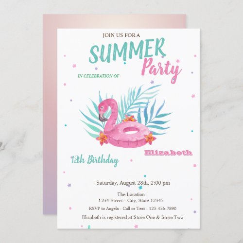 Flamingo Pool Float Summer Birthday Party  Invitation