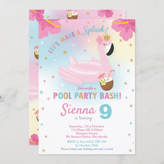 Flamingo Pool Party Birthday Invitation (Front/Back)