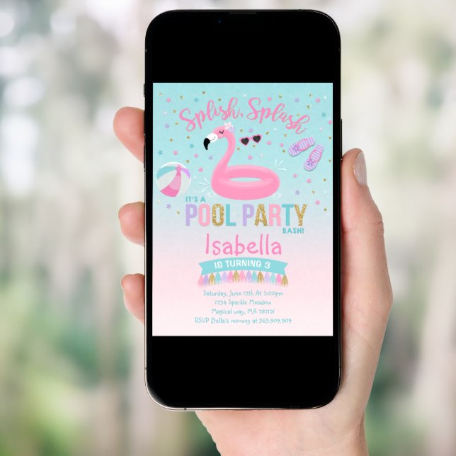 Flamingo Pool Party Birthday Invitation Pink Gold (Front Digital)