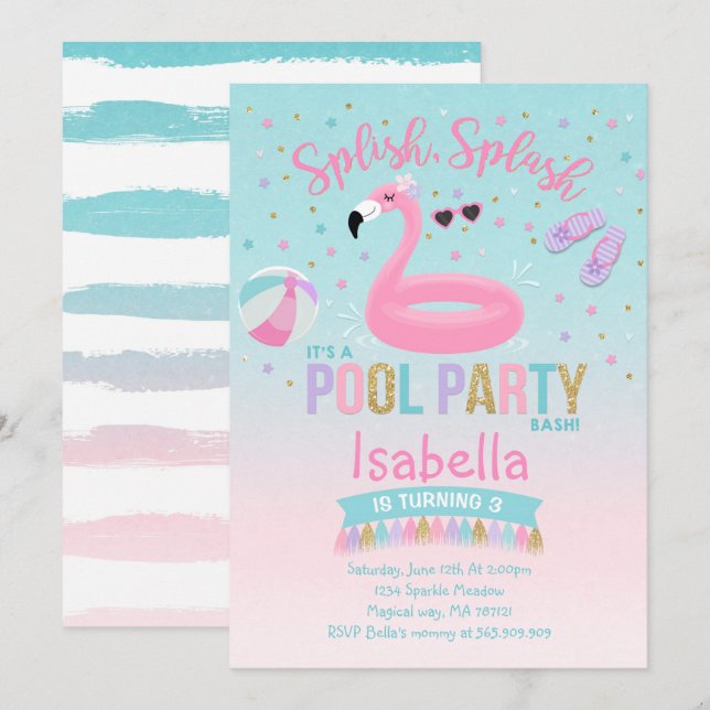 Flamingo Pool Party Birthday Invitation Pink Gold (Front/Back)