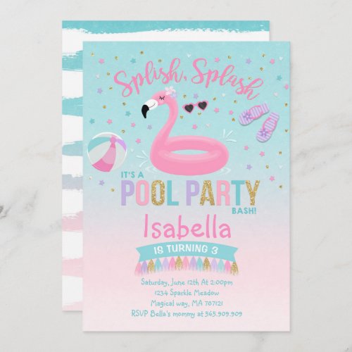 Flamingo Pool Party Birthday Invitation Pink Gold