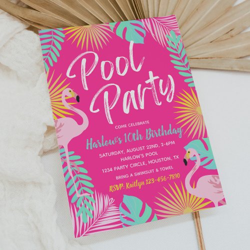 Flamingo Pool Party Birthday Invitation  Pool