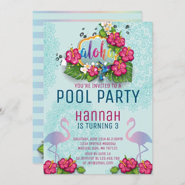 Flamingo Pool Party Birthday Invitation Tropical (Front/Back)