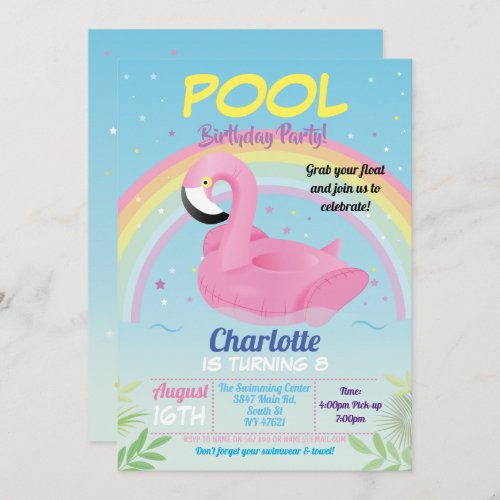 Flamingo Pool Party Birthday Rainbow Beach Float Invitation