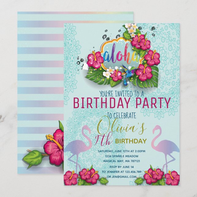 Flamingo Pool Party Birthday Tropical  Invitation (Front/Back)