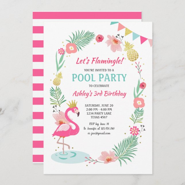 Flamingo Pool party invitation Tropical Birthday (Front/Back)
