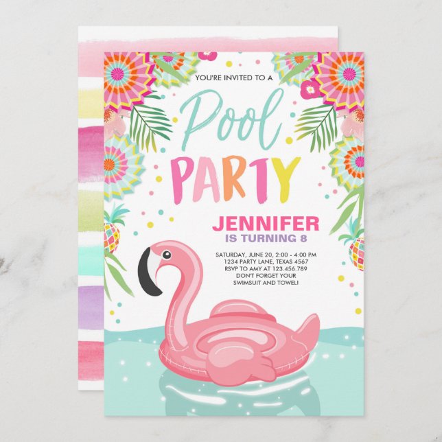 Flamingo Pool party invitation Tropical Pool float (Front/Back)