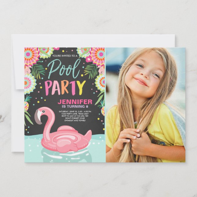 Flamingo Pool party invitation Tropical Pool float (Front)