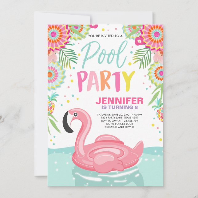 Flamingo Pool party invitation Tropical Pool float (Front)