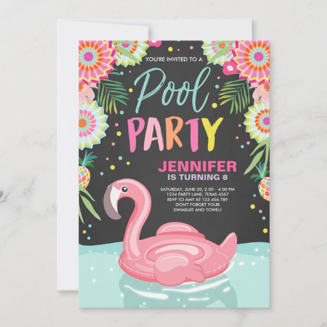 Flamingo Pool party invitation Tropical Pool float (Front)