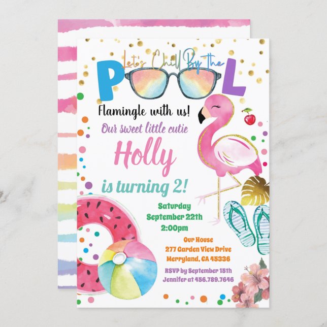 Flamingo Pool Party Kids Girl Birthday Party Invitation (Front/Back)