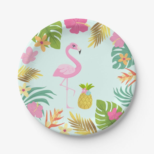 Flamingo Pool Party Paper Tropical Pool Party Plates (Front)