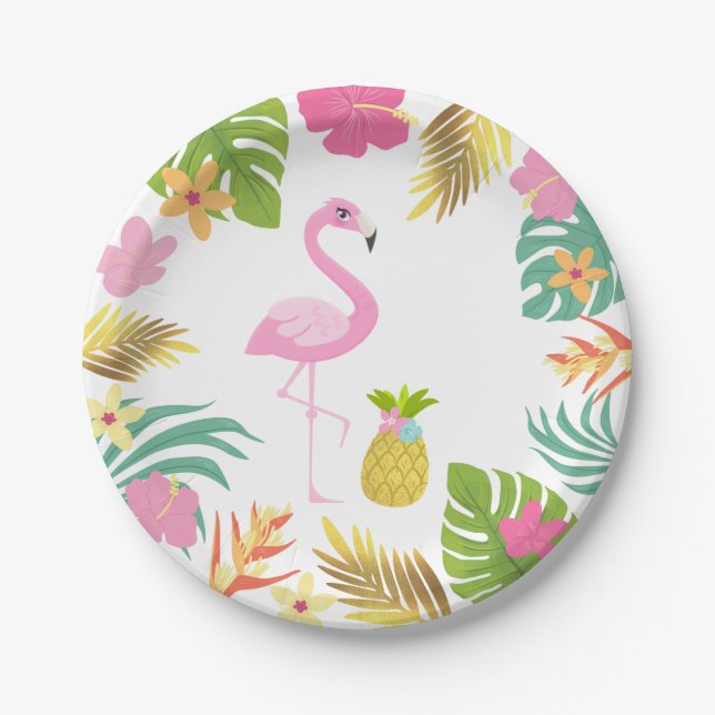 Flamingo Pool Party Paper Tropical Pool Party Plates (Front)