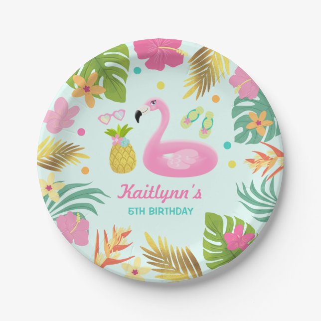 Flamingo Pool Party Paper Tropical Pool Party Plates (Front)