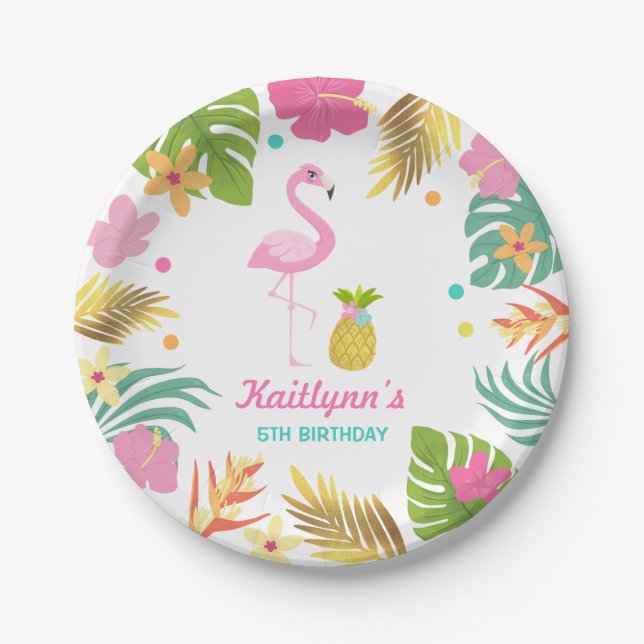 Flamingo Pool Party Paper Tropical Pool Party Plates (Front)